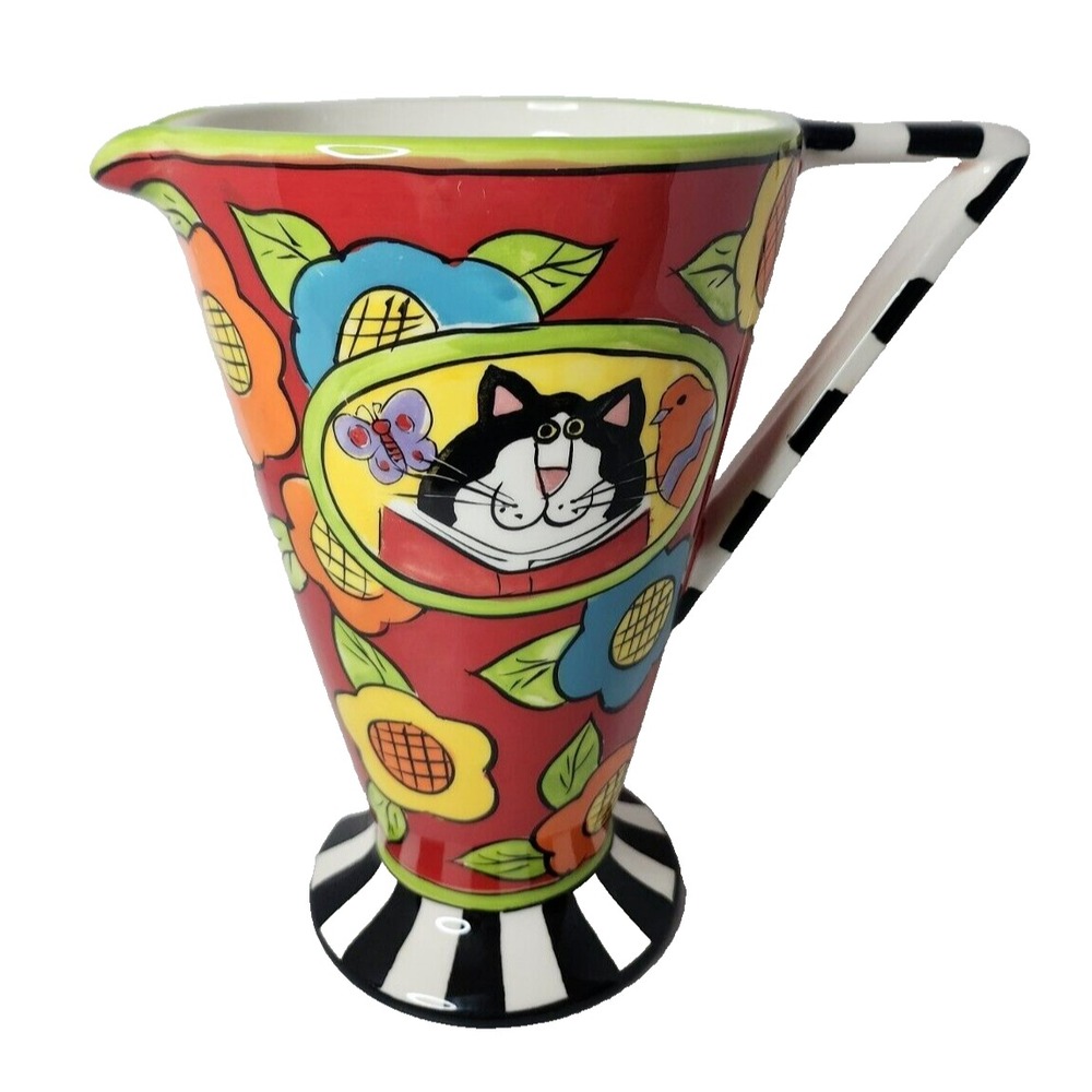 Catzilla Candace Reiter Floral Cat Pedestal Pitcher Whimsical Ceramic Colorful